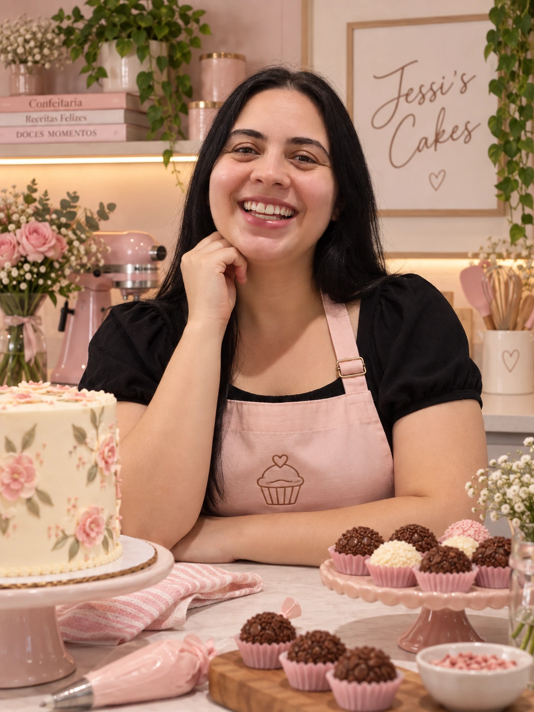 Jessi da Jessi's Cakes sorrindo em sua confeitaria